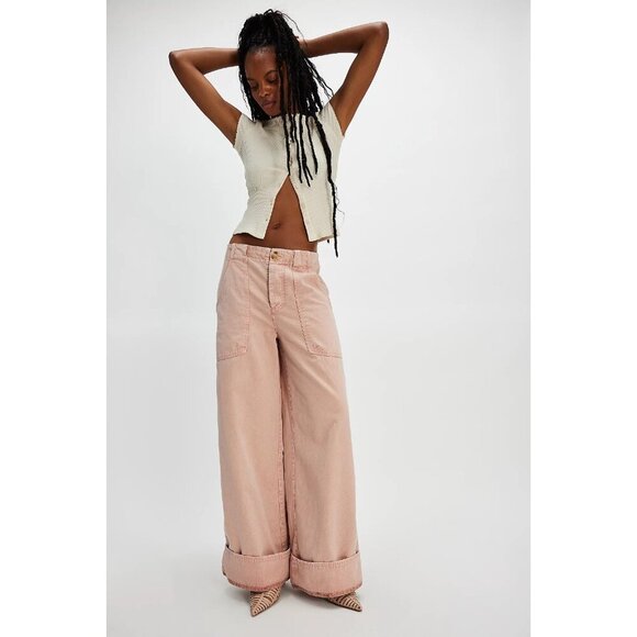 Free People Pants - Free People Long Game Chino Pants Pale Mauve Pink Wide Leg Flare Size 4